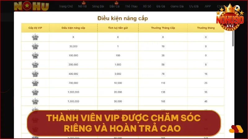 Thành viên VIP được chăm sóc riêng hoàn trả cao thưởng thăng hạng mỗi tháng