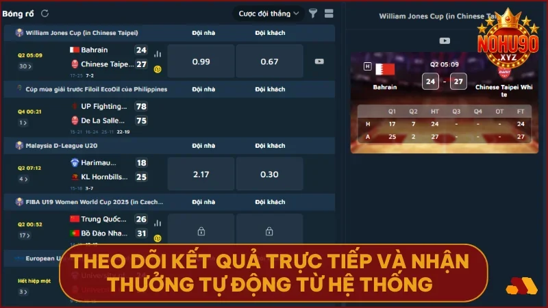Theo dõi kết quả trực tiếp và nhận thưởng tự động từ hệ thống.